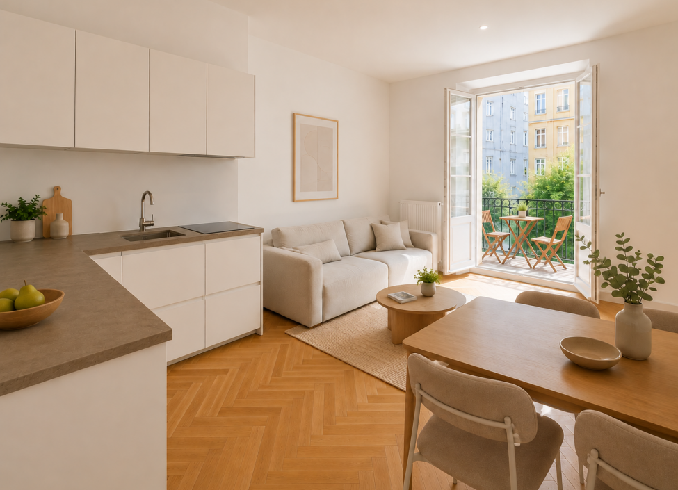 Obývací pokoj zařízeného apartmánu Mermaid Signature Stays v Kodaňské ulici